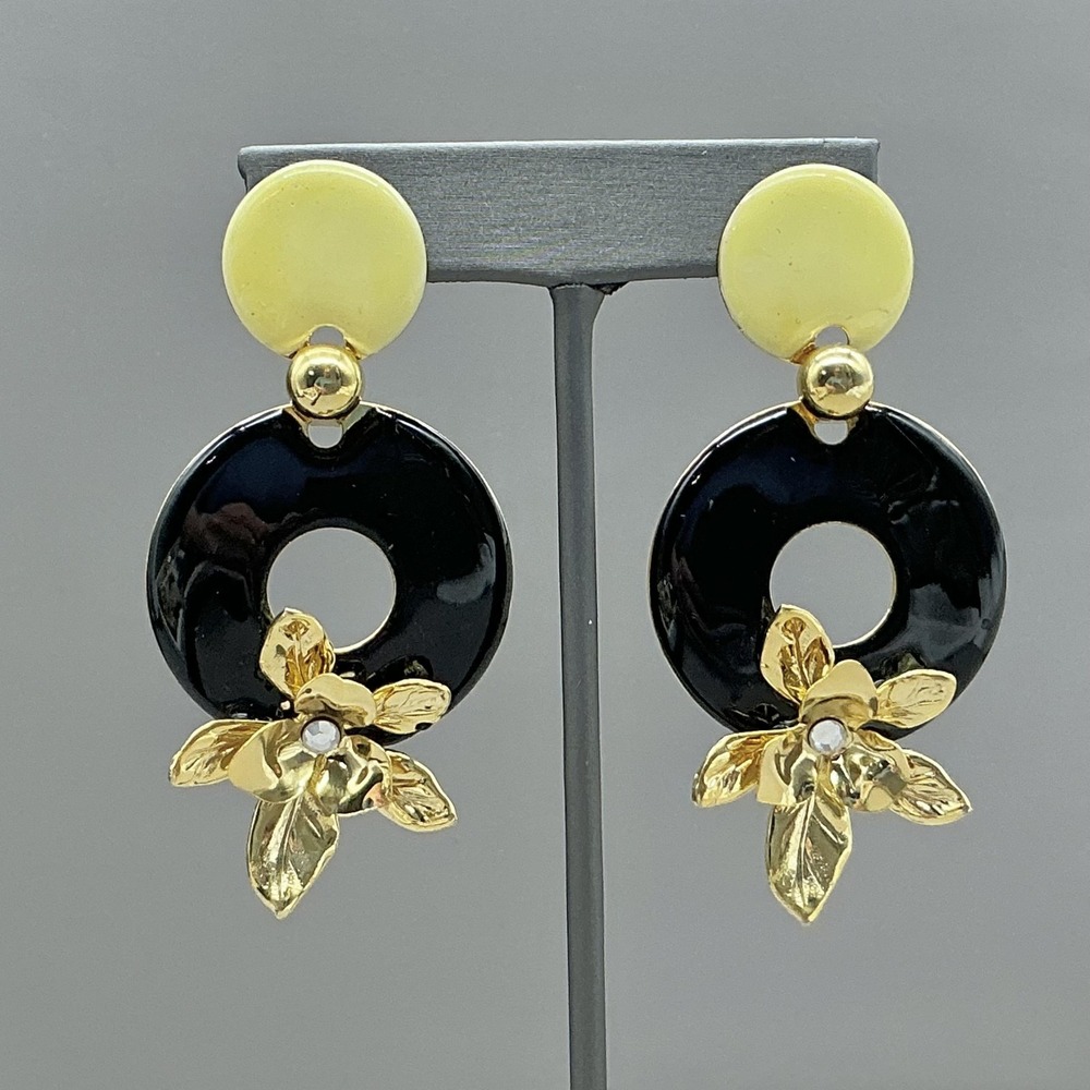 Earrings Black Yellow Enamel Flower Dangle Drop Womens Gold Tone Crystal Jewelry